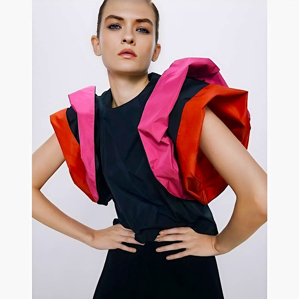 Zara Black Top with Pink and Red Sculptural Sleeves